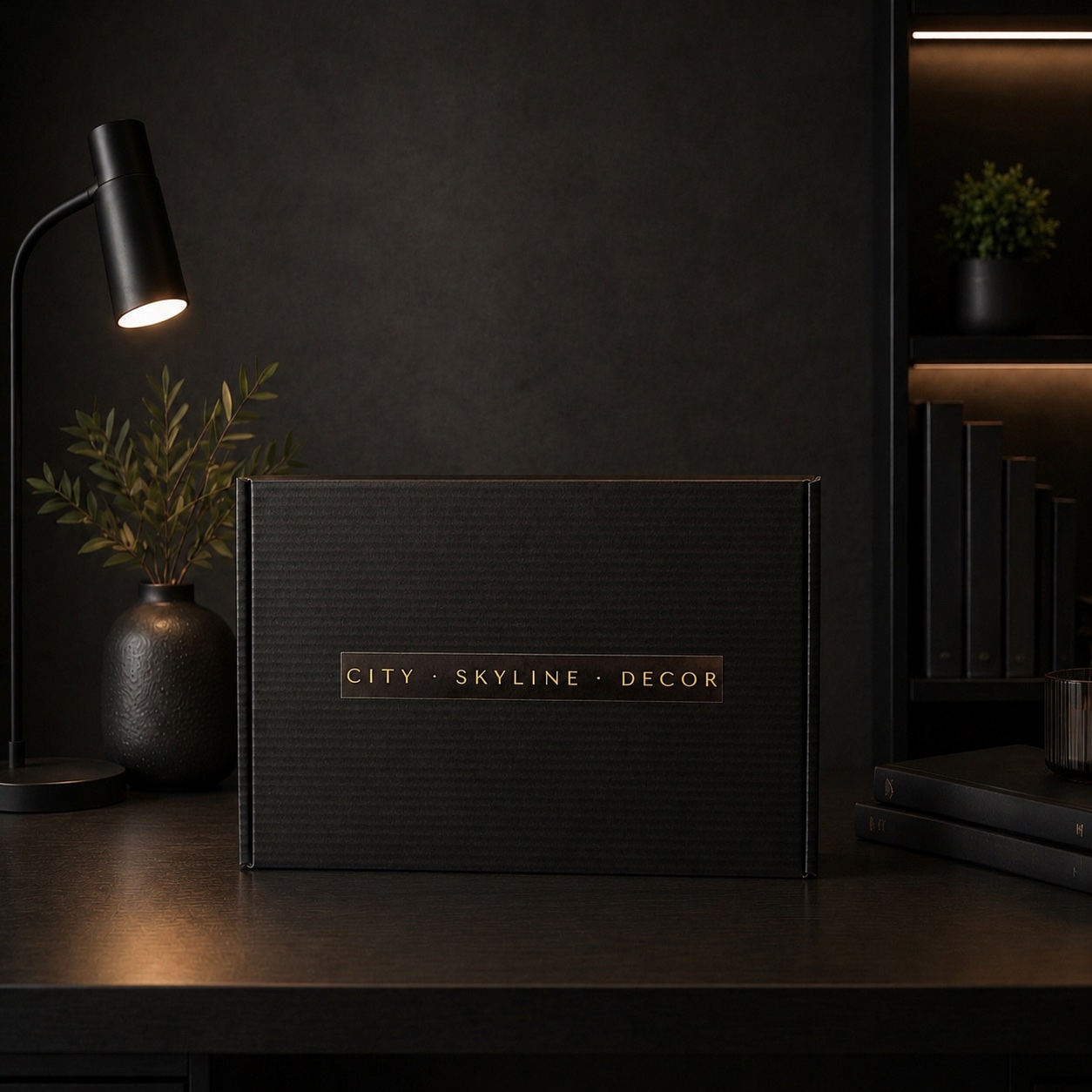 City Skyline Decor gift box — matte black with gold foil lettering