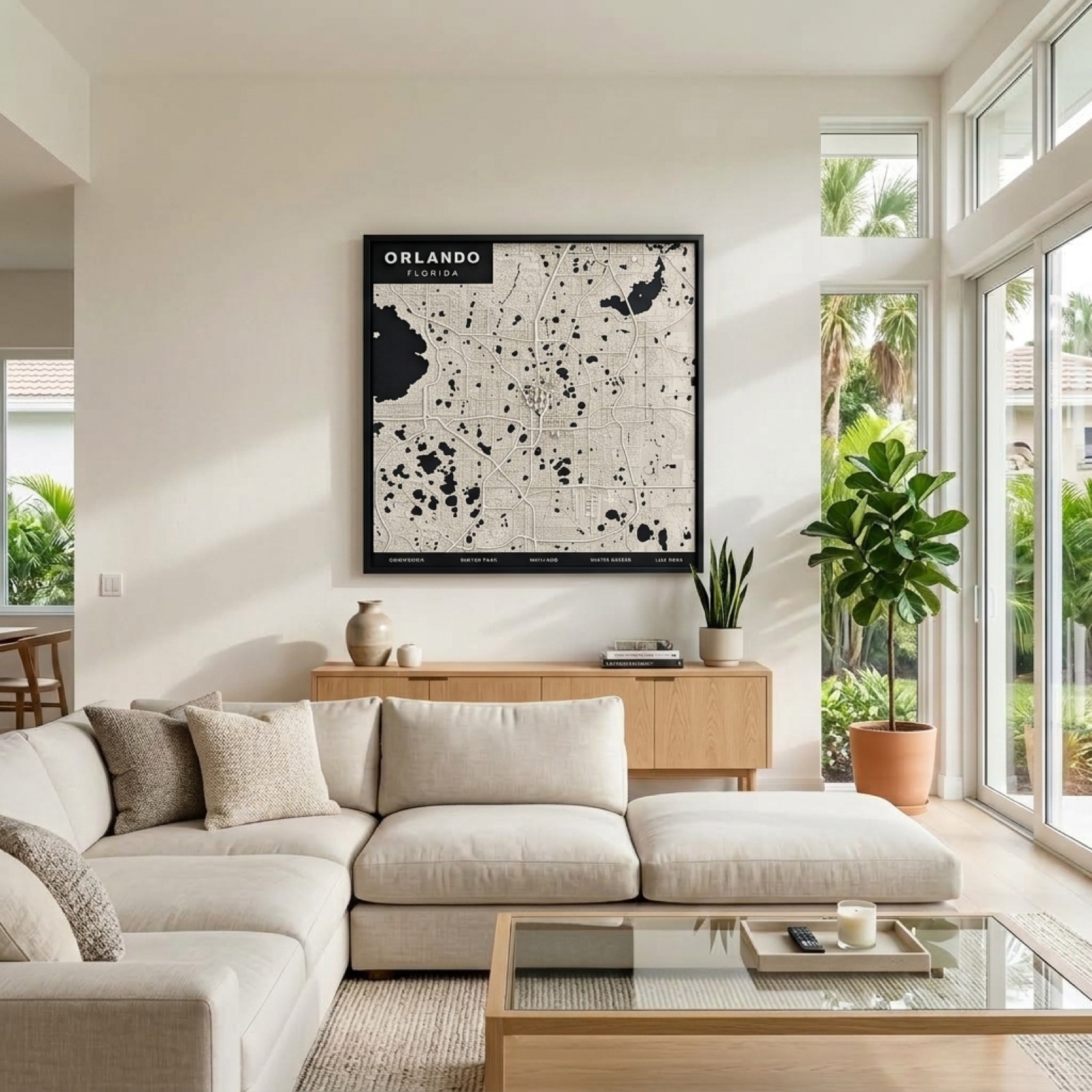 Orlando 3D city map panel hanging on a living room wall