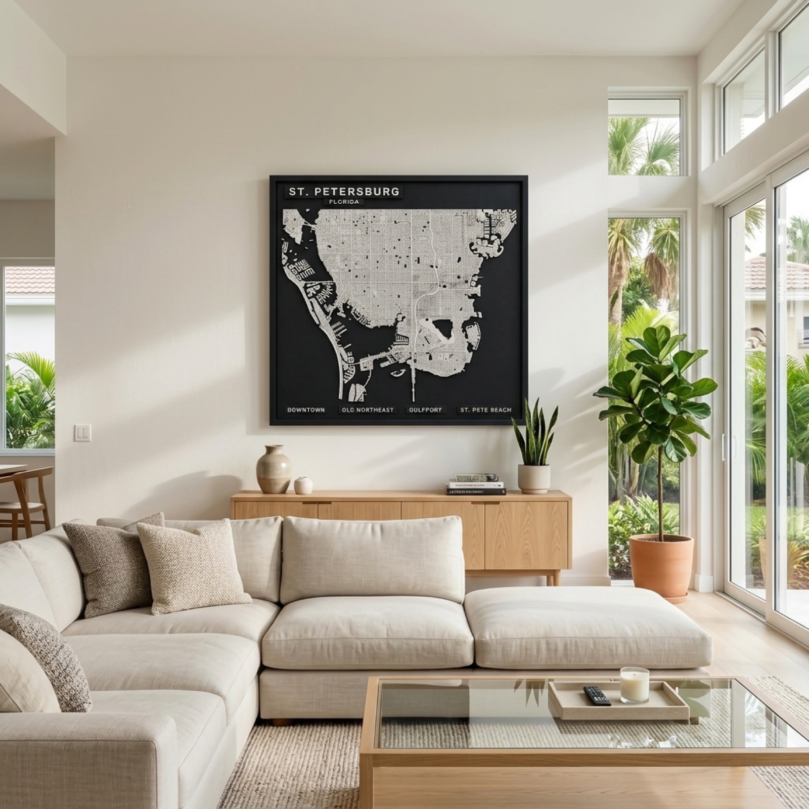 St. Petersburg 3D city map panel hanging on a living room wall
