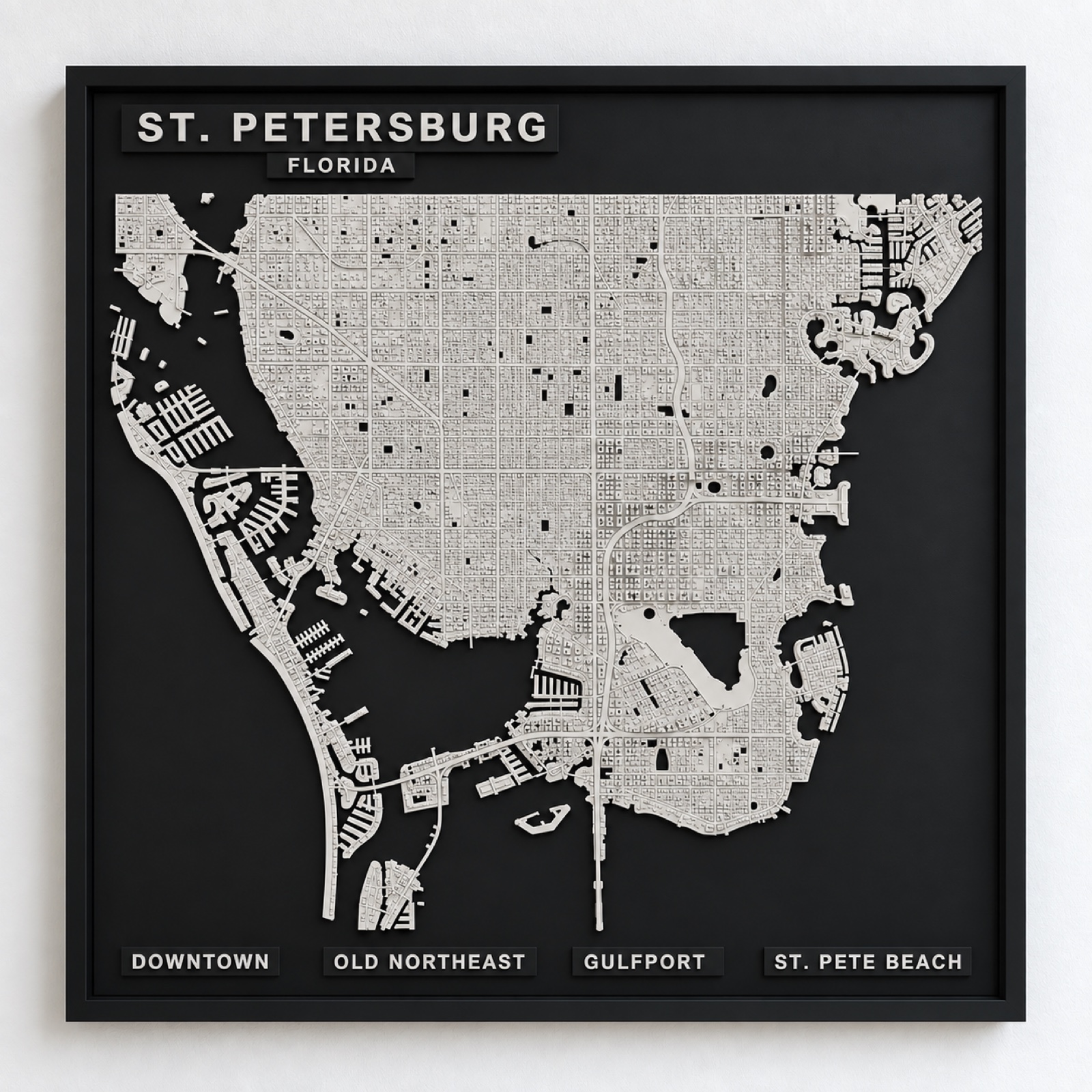 St. Petersburg 3D city map wall art — framed relief panel showing Downtown, Old Northeast, Gulfport